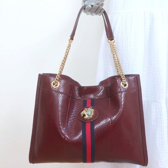 GUCCI RAJAH PYTHON MAXI TOTE BORDEAUX CHAIN STRAP SHOULDER BAG